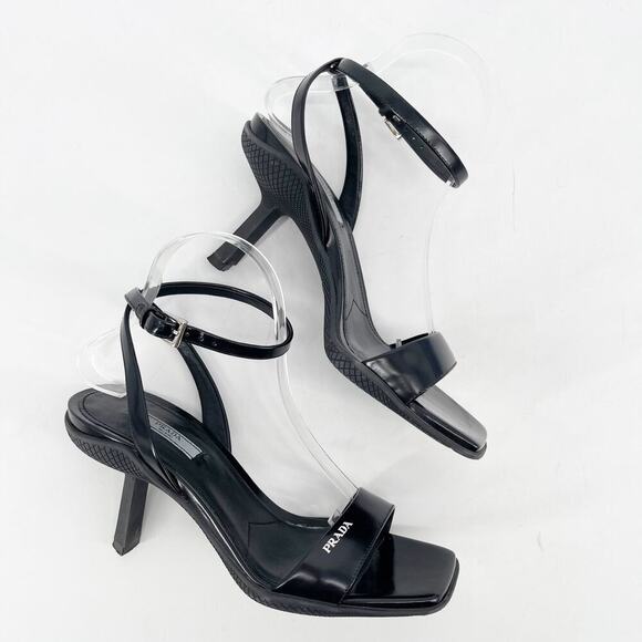 Prada Black Leather Logo Ankle Strap Strappy Sporty Heel Sandal size IT 39 - Picture 4 of 14